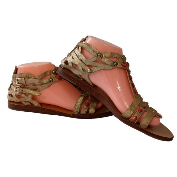 Geox Cuoio Gladiator Sandals Sz 10 Vtg 90s Y2K Womens Gold Leather Strappy Beads - Picture 4 of 16